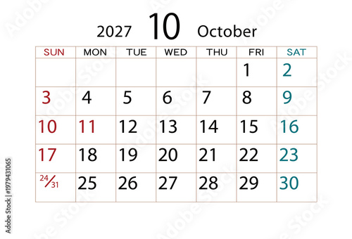 2027年カレンダー10月 ⑵