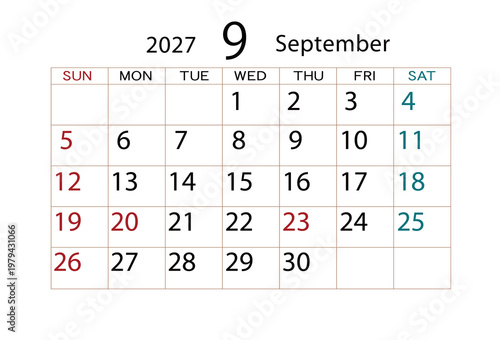 2027年カレンダー9月 ⑵