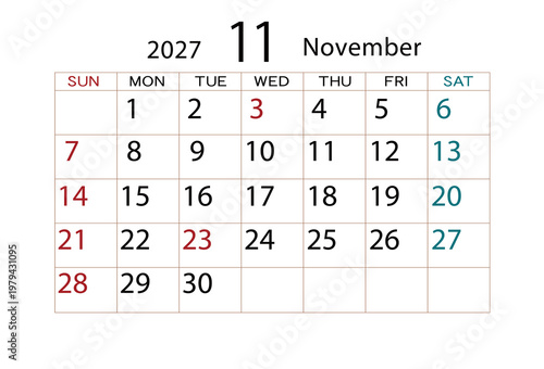 2027年カレンダー11月 ⑵