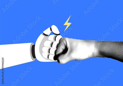 Human hand and a robot hand making fist bump. Fight between human and artificial intelligence. Halftone collage. Fist collision. Teamwork, team building. AI and human balance