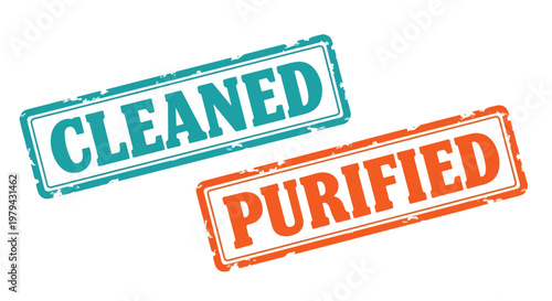 Cleaned and purified stamps with bold text in blue and orange colors emphasizing hygiene and freshness