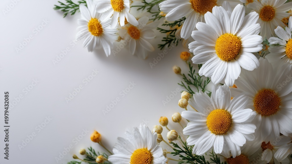 Obraz premium Beautiful chamomile flowers frame border on white background with copy space