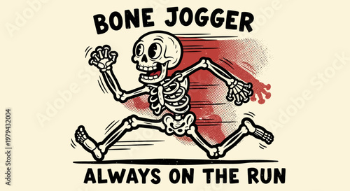 A skeleton jogging with a humorous expression.