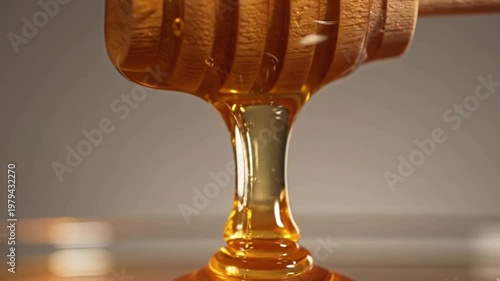 Macro Shot of Thick Golden Honey Dripping from a Wooden Honey Dipper