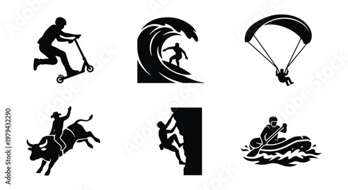 Extreme sports silhouette icons set, 6 black vector elements for outdoor adventure, surfing and rock climbing graphics, active lifestyle symbols