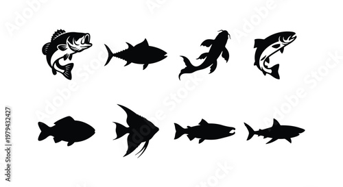 Black fish silhouettes collection, 8 vector fishing icons set, aquatic animal shapes for logo design, sea and freshwater fish species graphics