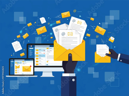 Email marketing digital communication online messaging electronic mail correspondence inbox messages letters computer screen laptop monitor business communication