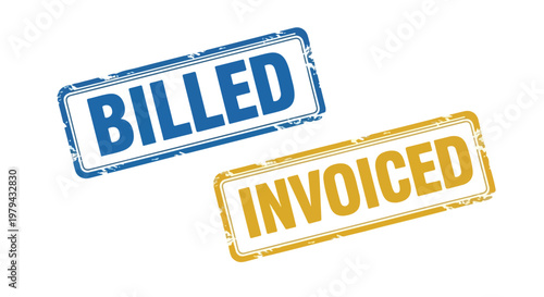 Close-up of two rectangular stamps labeled billed and invoiced in blue and yellow colors on white background