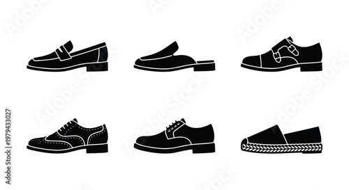 Classic men's footwear icons set, 6 black silhouette shoes including loafers and oxfords, formal and casual male shoe vector collection for fashion retail