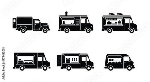 Black food truck icons set, 6 street food van silhouettes, mobile kitchen and catering vehicle vector collection for restaurant branding
