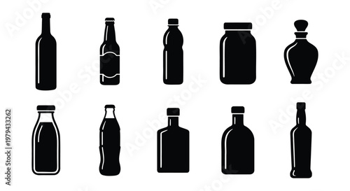 Black bottle icons set, minimalist glass and plastic container silhouettes, 10 beverage and liquid packaging vector elements for branding and web design