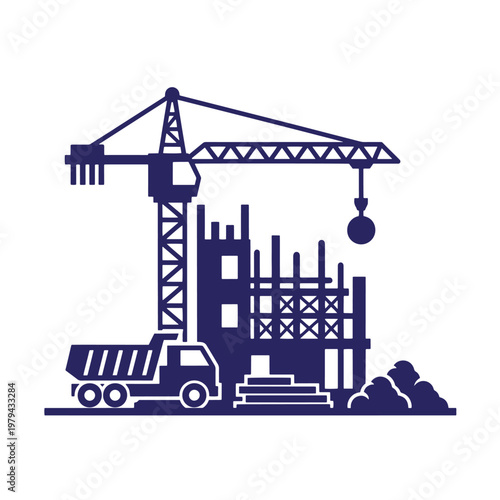 Construction site with crane, truck, and building frame, dark blue silhouette on white background