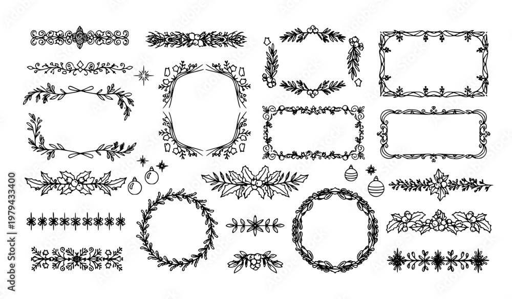 Obraz premium SEO Title Holiday Christmas Border Frames Outline Vector Illustration Winter Decorative Set