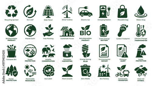 Eco and sustainability icon set with recycling, renewable energy, electric vehicles, climate change, and environmental protection symbols.