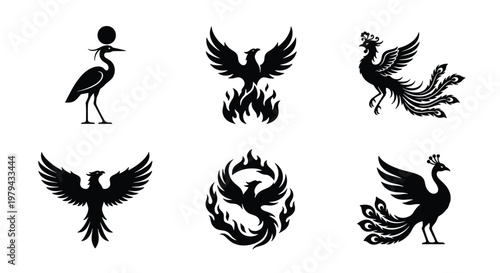 Mythical phoenix bird silhouettes, set of 6 fire bird icons. Ancient egyptian bennu and peacock symbols, black vector graphics for logo design