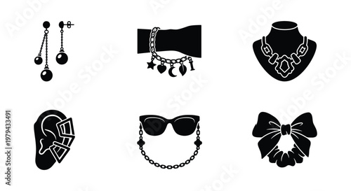 Fashion jewelry and accessories icon set, black silhouette jewelry collection, elegant earrings and necklace vector, luxury charm bracelet and sunglasses