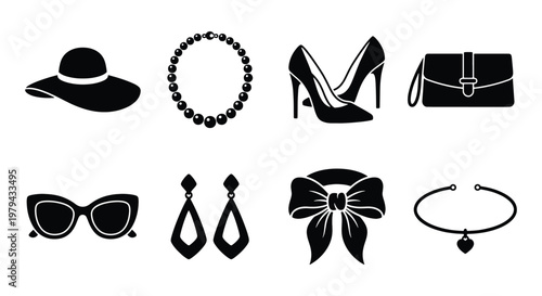 Elegant fashion accessories icon set, black silhouette female clothing elements, 8 vector icons including jewelry and high heels for boutique branding