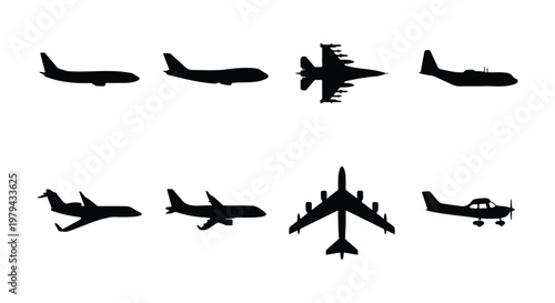 Airplane silhouette vector set, collection of 8 aircraft icons including fighter jet and passenger plane, black aviation symbols on white background