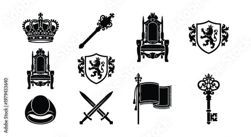 Medieval royal heraldry icons set, black silhouette monarchy symbols with crown and throne, heraldic lion shield and crossed swords vector illustrations