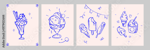 Minimal line art ice cream illustrations templates for cards, posters, banners, covers in hand drawn doodle style for packaging branding social media stickers menus prints and summer design.Vector