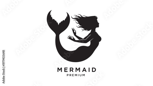 Devil winged woman logo with pitchfork silhouette and hands raised concept for premium horror branding