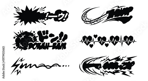 Manga sound effect vector set, black and white comic action bubbles, Japanese onomatopoeia graphics for anime and cartoon storytelling