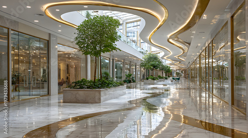Modern shopping mall interior featuring a wide empty corridor with polished floors and soft lighting.