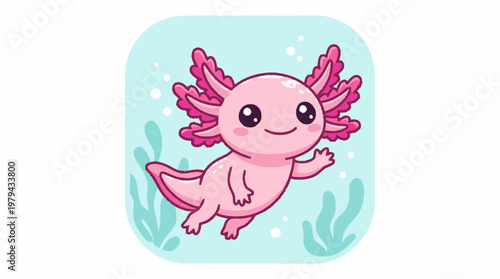 Cute pink cartoon axolotl swimming happily in an underwater scene with aquatic plants, adorable amphibian character illustration