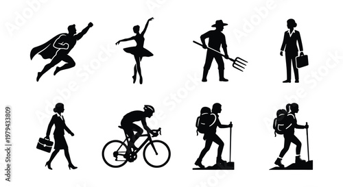 Black silhouette people icons set, diverse professional and lifestyle human figures, collection of 8 vector characters for infographics and web design