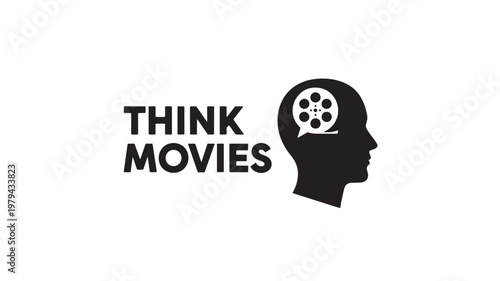 Head silhouette with film reel speech bubble and Think Movies text for cinema thinking concept design
