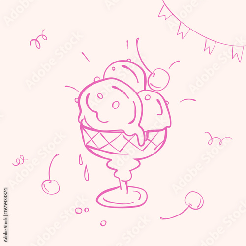 Mtniamal pink line art ice cream sundae with melting scoops cherries and playful doodles simple cute dessert illustration clean vector style summer sweet treat