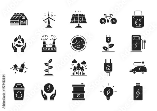 Save the earth thin glyph icon set. Containing green house, windmill, solar panel, go bike, recycle bag, save earth, factory	