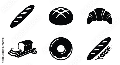 Minimalist bakery icons set, black silhouette bread and pastry collection, 6 vector elements including baguette, croissant, donut and loaf