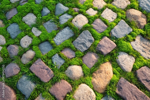 Cobblestone mosaic interleaved with grass in outdoor paving