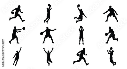 Basketball player silhouettes set, collection of 12 athlete vector icons, professional sports action poses including dunking and dribbling