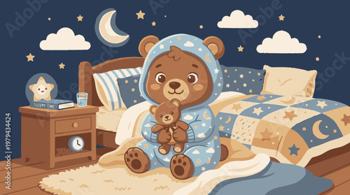 Cute cartoon bear in star pajamas holding a teddy bear in a cozy child's bedroom, nighttime illustration for bedtime story.