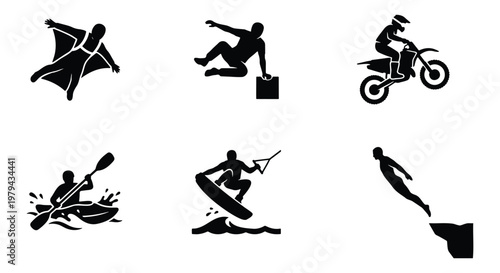 Extreme sports silhouette icons set, 6 black vector elements of adrenaline activities, parkour and wingsuit flying symbols, motocross and kayaking graphics