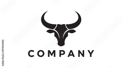 Bull skull logo icon with curved horn silhouettes and bold company lettering for branding and sports emblems