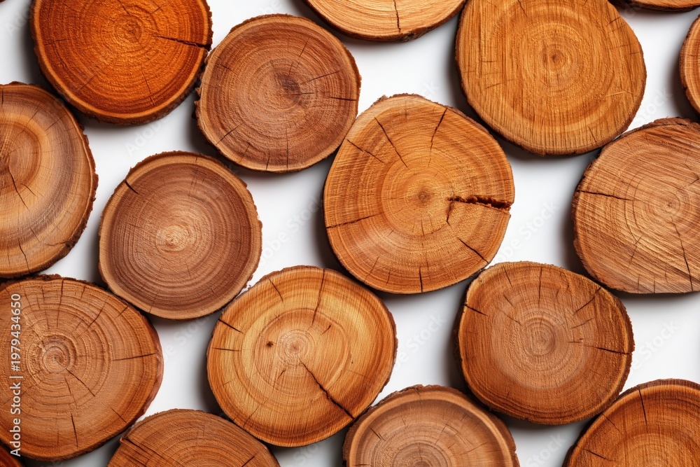 Fototapeta premium Closeup wood cross sections showcasing grain on white surface