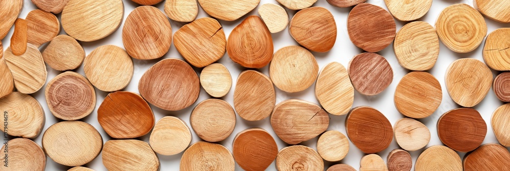 Fototapeta premium Multiple wood discs scattered over wide white studio surface