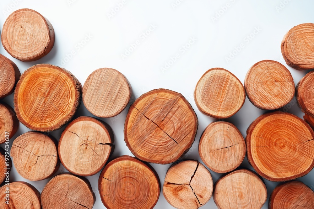 Fototapeta premium Stacked wooden log cross sections on white surface minimal background