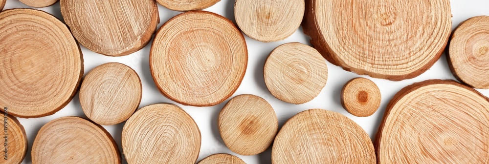 Fototapeta premium Wood rounds arranged in overlapping pattern on white background