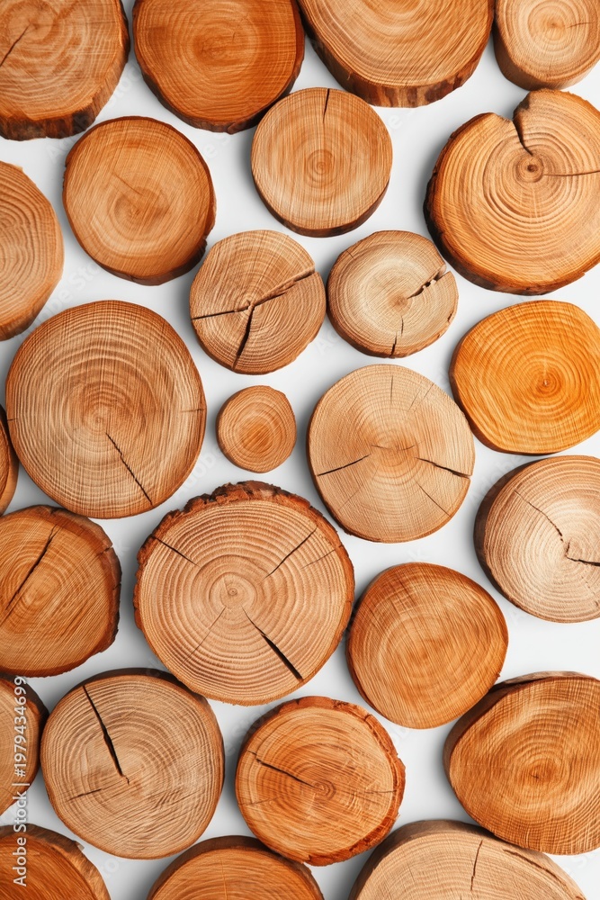 Fototapeta premium Wood rounds arranged in vertical pattern on white background