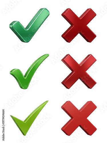 3D green checkmarks and red crosses approval and rejection symbols isolated on white
