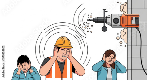 Construction worker and people covering ears from loud drilling noise.