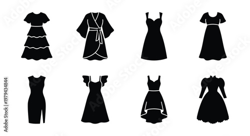 Minimalist dress icon set with 8 black silhouettes, female fashion apparel collection, elegant evening gown and casual dress vector illustrations
