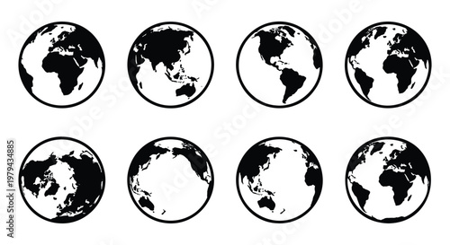 Minimalist world globe icon set, 8 black and white earth sphere vectors, global map silhouettes showing different continents and viewpoints