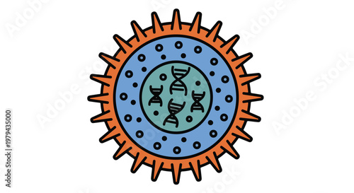 Illustration of a virus particle with detailed surface proteins and internal genetic material