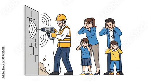 Construction worker drills wall disturbing family with noise.