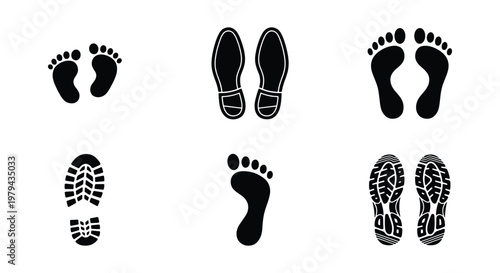 Human footprint vector set, black silhouette shoe prints and bare feet icons, 6 diverse footstep elements for forensic and tracking design